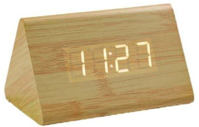 Holz-Digitaluhr, weißes Licht, LED, kreatives Dreieck, Temperatur und Zeit, Bambusfarbe