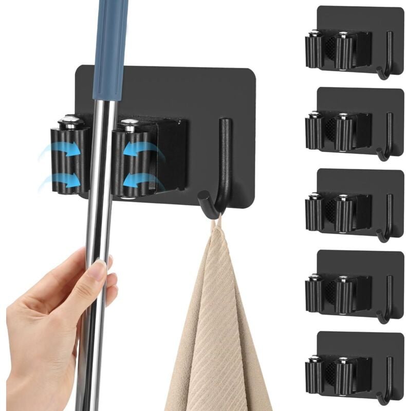 6-teiliger Wandbesenhalter, kein Bohren erforderlich, mit verstellbaren Haken, Edelstahl-Wandbesenhalter für Küche, Balk...