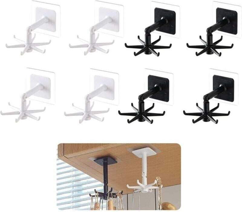 8-teiliger, um 360° drehbarer Küchenutensilienhalter, Aufbewahrungsregal ohne Bohren, Küchenutensilienhaken, wiederverwe...