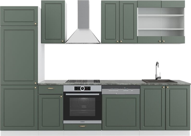 Vicco - Küchenzeile Fame-Line, Grün-Gold Landhaus/Weiß, 300 cm ohne Arbeitsplatte