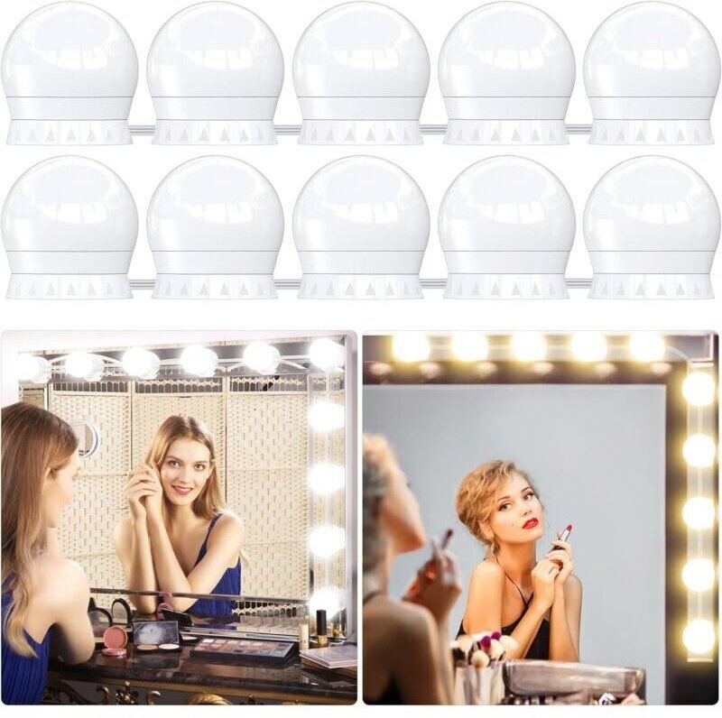 Spiegelleuchte, 10 Hollywood-LED-Lampen, perfekt versteckte Kabel, 3 Farben und 10 Helligkeitsstufen, USB-Spiegelleuchte...