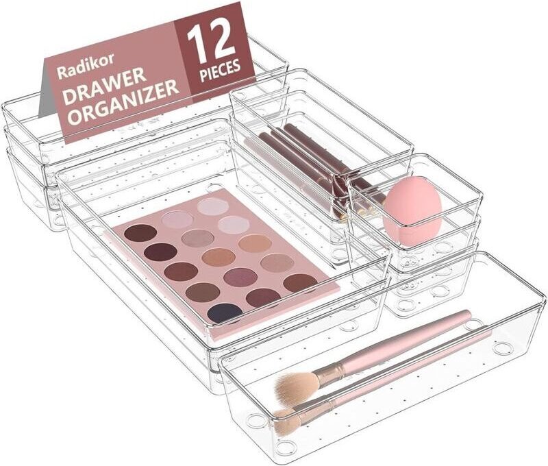 Set mit 12 Schubladen-Organizern, transparente Kunststoff-Aufbewahrungsboxen in 4 Größen für Badezimmer, Schminktisch, K...