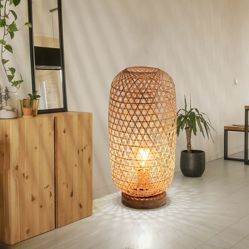 Tischleuchte Bambusgeflecht Tischlampe Bambus Beistellleuchte Boho Wohnzimmer, natur, 1x E27 Fassung, DxH 22x46 cm