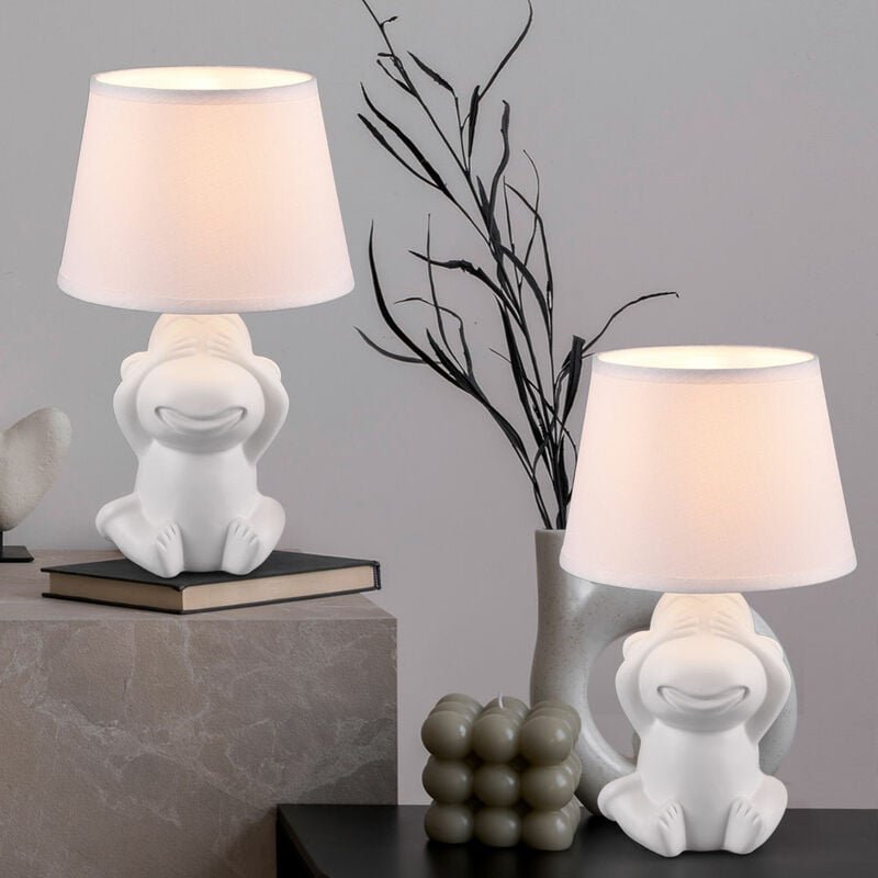 Etc-shop - Tischleuchte Tischlampe Nachtlicht Nachttischleuchte, Schnurschalter Affendesign Keramik weiß matt Stoffschir...