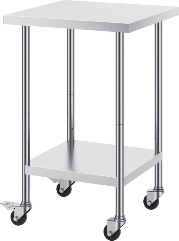 Mophorn - Arbeitstisch aus Edelstahl, 61 x 61 x 96,5 cm, 318 kg Tragkraft, 4 Räder, 3 einstellbare Höhenstufen, robuster