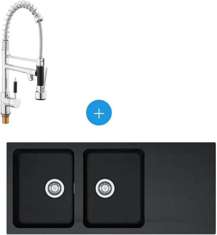 Orion oid 621 Spülen-Kit aus Tectonite, Doppelbecken, Carbon + sat Semi-Pro-Mischer, 2 Düsen - Franke