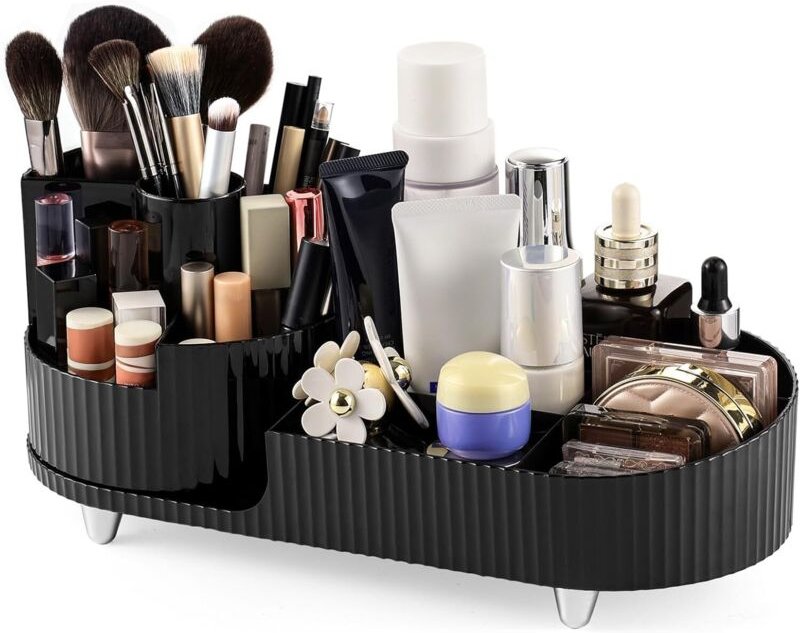 Schwarzer Make-up-Organizer mit 360°-Drehung, 2-in-1-Fach für Kosmetik, Hautpflegeprodukte und Accessoires.