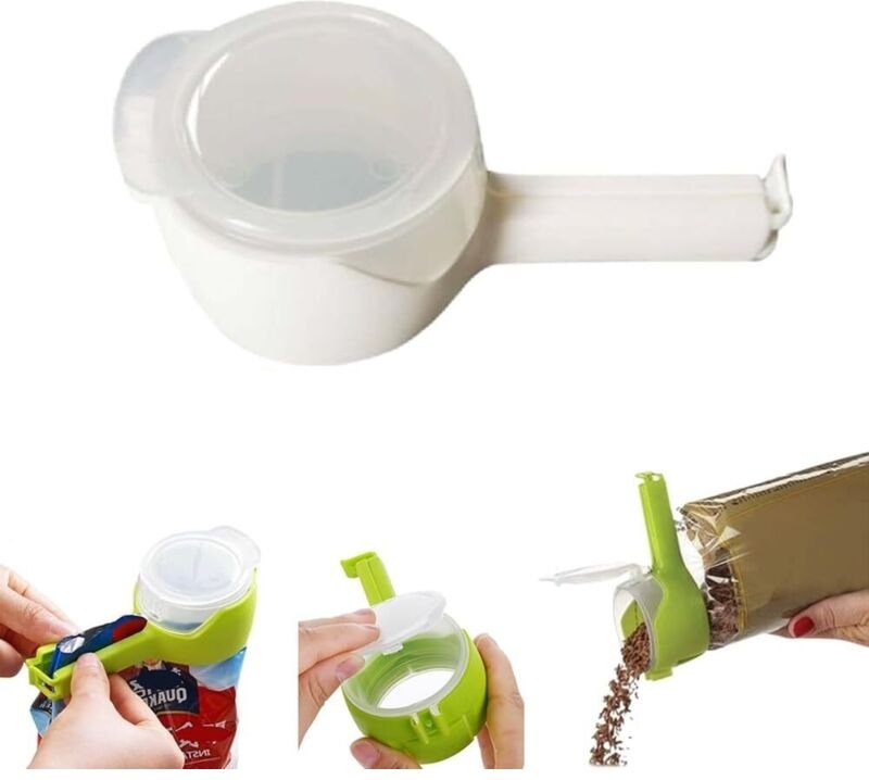 1 Beutelclip mit Ausgießer zum Ausgießen von Lebensmitteln, luftdichter Verschluss mit wiederverwendbarem Kunststoffdeck...