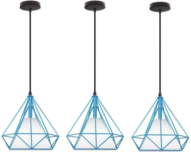 3 Stück Vintage Pendelleuchte Industrie Hängelampe Rautenförmig Lampenschirm Käfig Deckenleuchter Blaue Ø25cm
