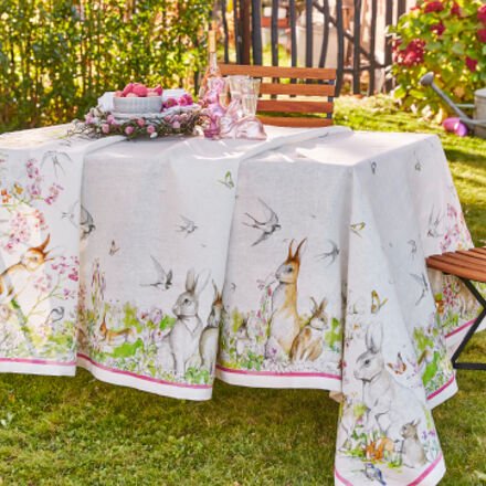Tischdecke Hasen 170 x 270 cm, 100 % Leinen, bedruckt, Maschinenwäsche 40 °C