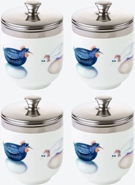 Eierkocher Hartporzellan - 4er-Set, Ø 6,5 cm, 150 ml, Hühner-Dekor, für 3 Eier, mit Edelstahldeckel, wachsweiche Eier in...