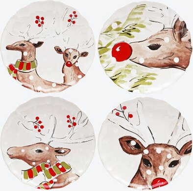 4er-Set Essteller Lustige Hirsche, weiß, Ø 27 cm, 4 verschiedene Motive