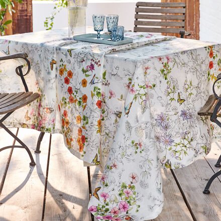 Tischdecke Blümchen, 85 x 85 cm, 100 % Leinen, bedruckt, Maschinenwäsche 40 °C