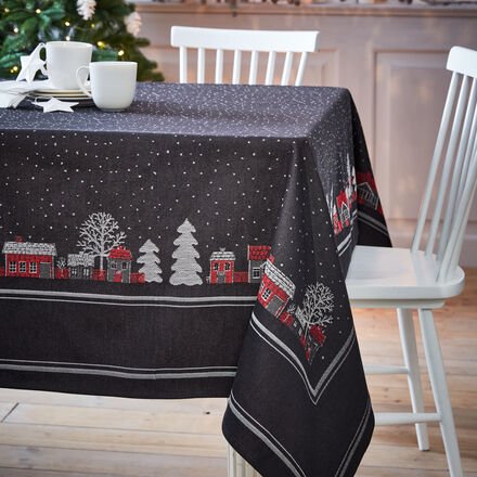 Tischdecke schwedisches Dorf, 145 x 145 cm, schwarz
