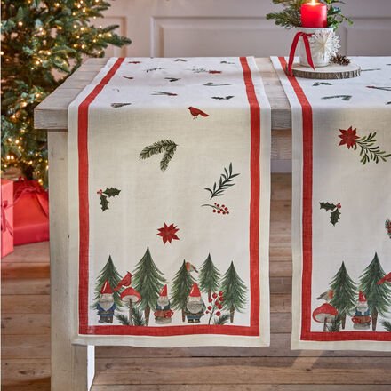 Tischläufer "Weihnachtswald" - 100 % Leinen, Weihnachtsmotiv Rot/grün auf Weiß, 45/170 cm, italienische Manufakturfertig...