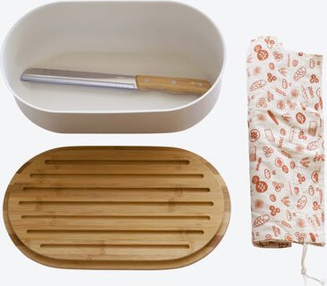 4-in-1 Brotkasten - Metall/Bambus, 36 x 20 x 13 cm, mit Schneidbrett 35 x 19,5 cm & Brotmesser 20 cm, rostfreier Edelsta...