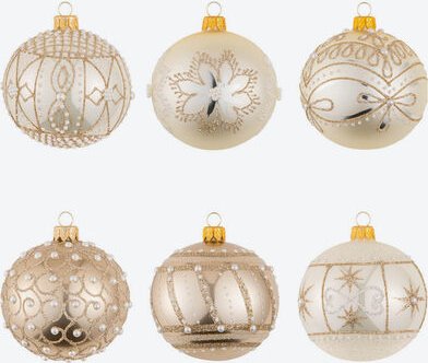 6er Set Christbaumkugeln, Creme/Gold, groß, Ø 8 cm