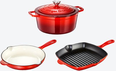 Hagen Grote 3-tlg. Kochgeschirr-Set aus Gusseisen in Rot - Bräter, Brat- und Grillpfanne, für alle Herdarten & Ofen, lan...