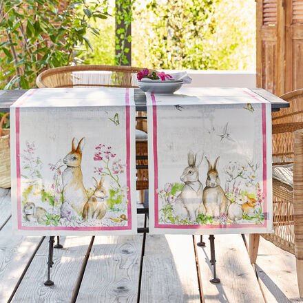 Tischläufer mit Hasenmotiv, 45 x 170 cm, 100 % Leinen, Couvertecken, Maschinenwäsche 40 °C
