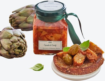 Artischocken Caponata 300 g - eingelegt in Olivenöl, Rezeptur aus Sizilien mit Tomatensauce, Oliven & Kapern, handgemach...