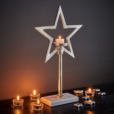 Kerzenständer "Stern" - Aluminium, Holzsockel, für Stumpenkerzen oder Teelichter, Ø/H 8,5/15 cm