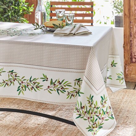Tischdecke mit Olivenmotiv - 150/250 cm, 100 % Baumwolle, 140 g/m², Fleckschutz, pflegeleicht, weiche Haptik, abwischbar...