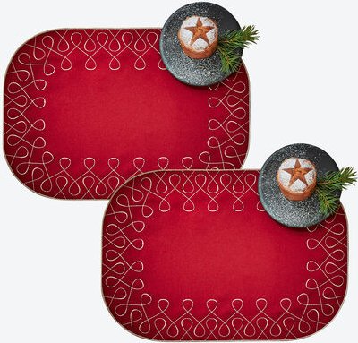 Satin-Tischset bestickt, Rot, 35 x 50 cm, Satin-Stoff, 100 % Polyester