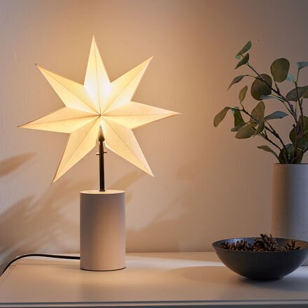 Sternlampe - Schirmgestell Metall Schwarz, plissierter Papierschirm Weiß, Holzsockel Grau, B/T/H 35/15/50 cm, Kabellänge...