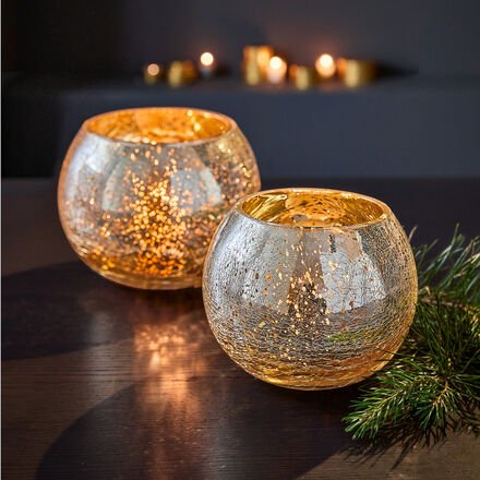 Windlicht groß - Glas, Crackle-Optik, innen goldfarben, für Teelichter oder kleine Stumpenkerzen Ø/H ca. 15/12 cm