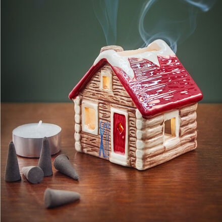 Lichthaus "Chalet" Keramik, bunt von Hand bemalt, für Teelichter oder Räucherkerzen, Keramik, B/T/H ca. 8/6,5/9 cm