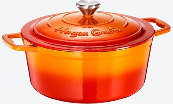Hagen Grote Gusseisen-Bräter rund 4,7 l - Ø 25 cm, H 12 cm, Orange, Emaille-beschichtet, ofenfest bis 250 °C, spülmaschi...
