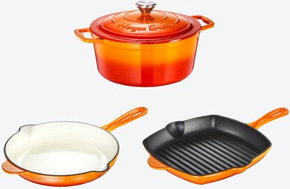 Hagen Grote 3-tlg. Kochgeschirr-Set aus Gusseisen in Orange - Bräter, Brat- und Grillpfanne, für alle Herdarten & Ofen, ...
