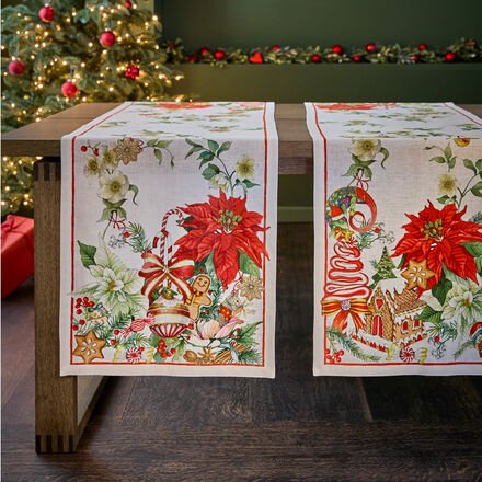 Tischläufer "Weihnachtsleckereien" - 100 % Leinen, Weiß, Weihnachtsmotiv in klassischen Farben auf Weiß, 45/170 cm, ital...