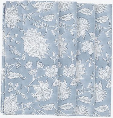 Servietten, 4 Stück, 50/50 cm - 100 % Baumwolle, Motiv "Indien Rose", Hellblau/Weiß