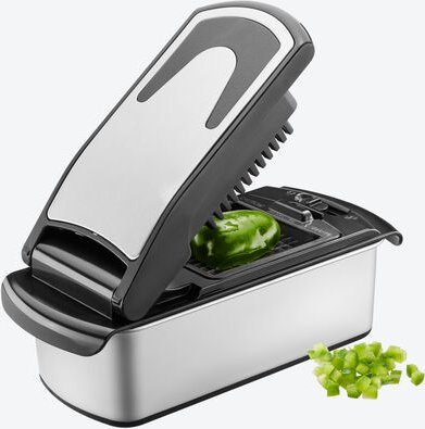 Thumbnail - GEFU Gemüseschneider Treppo 2.0 Edelstahl - Extrascharfe Klingen, 3 Einsätze, inkl. Behälter & Deckel, rutschfest, Würfe...