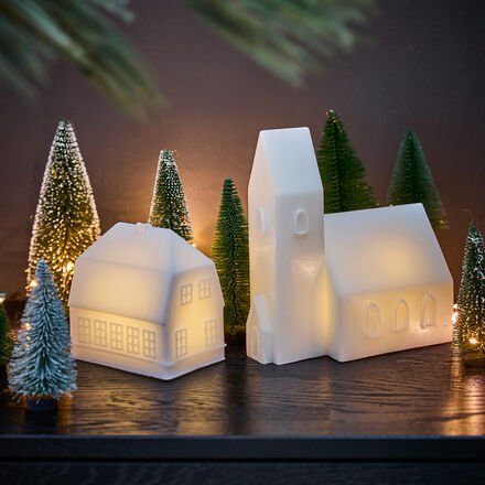 LED-Weihnachtskirche - Wachs, Weiß, LEDs innen, B/T/H 18/10/20 cm, Timer, Batteriebetrieb (2?×?AA, nicht enthalten)