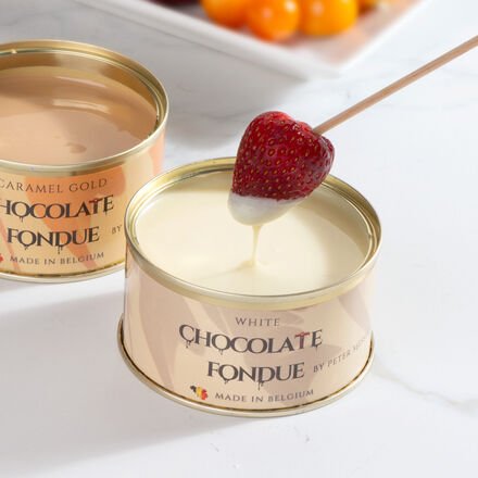 Schokoladenfondue Weiß 150 g - Belgische Schokolade, cremig mit Vanille, ohne Set erwärmbar, wiederverwendbare Dose, für...