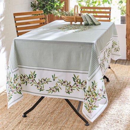 Tischdecke mit Olivenmotiv - 150/250 cm, 100 % Baumwolle, 140 g/m², Fleckschutz, pflegeleicht, weiche Haptik, abwischbar...