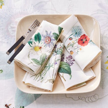 4er-Set Leinenservietten - Buntes Sommerblumenmuster, 100 % Leinen, reißfest, hochwertig verarbeitet, Couvertecken, aus ...