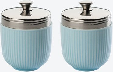 Egg Coddler 2er-Set - Eierkocher aus Hartporzellan, Blau, 150 ml, Edelstahldeckel, mit Rezeptideen, Streifen-Dekor, wach...