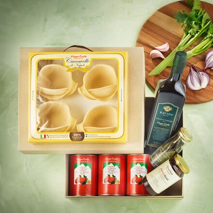 Hagen Grote Kochbox: Caccavelle Bolognese - 8 x Caccavelle, 3 x 400 g San Marzano Tomaten, 1 x Ravida Olivenöl, 3 x 200 ...