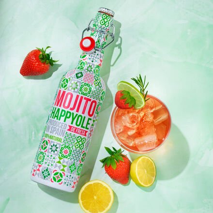 Erdbeer-Mojito Cocktail 750 ml, 7,6 % Vol. - mit goldenem Rum, Erdbeersaft & Minze, geringer Zucker- und Alkoholgehalt, ...