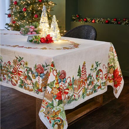 Tischdecke "Weihnachtsleckereien" - 100 % Leinen, Weiß, Weihnachtsmotiv in klassischen Farben auf Weiß, 170/360 cm, ital...