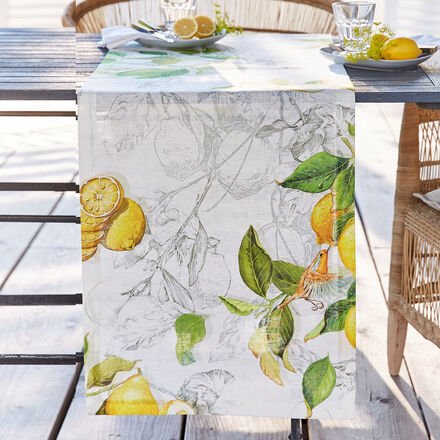 Tischläufer mit Zitronenmotiv, 45 x 170 cm, 100 % Leinen (190 g/qm), strapazierfähig, Feinwäsche 40 °C