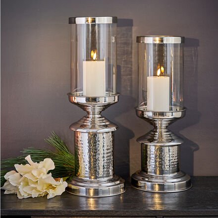 Windlicht groß silberfarben - Glas, Edelstahl, Ø/H ca. 20/54 cm