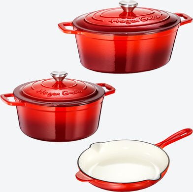 Hagen Grote 3-tlg. Gusseisen-Kochgeschirr-Set - Rot, runder & ovaler Bräter, Bratpfanne, spülmaschinenfest, für alle Her...