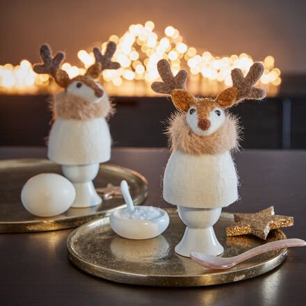 Eierwärmer Elch 4er-Set - 100 % Filz, handgefilzt, Braun/Beige/Weiß, Figur ca. Ø/H 7/14 cm