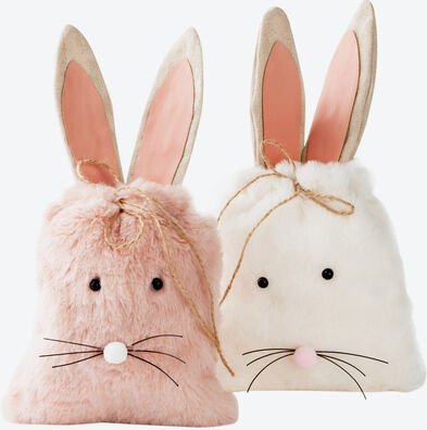 2er-Set Geschenksäckchen Plüschhasen, rosa + weiß, 15 x 28 cm
