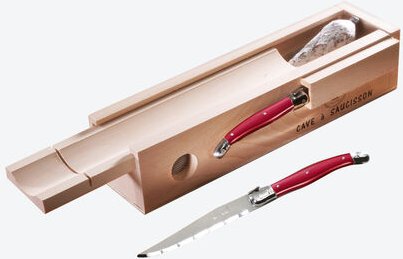 Laguiole Salami-Messer-Box - Wellenschliff-Klinge, Holzbox für optimale Reifung, luftdurchlässig, für Wurst bis 30 cm, h...