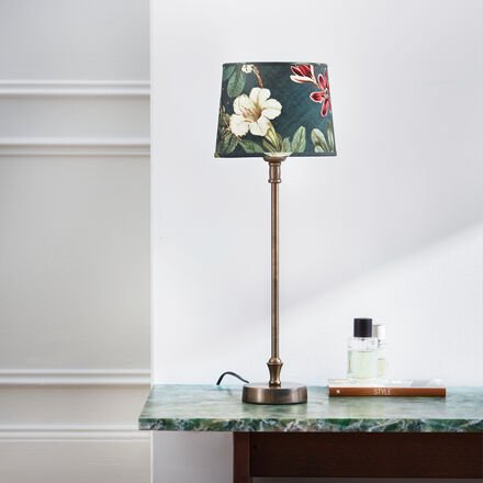 Tischlampe Botanik Grün, Metall-Lampenfuß, Bronzefarben, 57 cm hoch, Lampenschirm 100 % Baumwolle, Ø 20 x 15,5 cm hoch